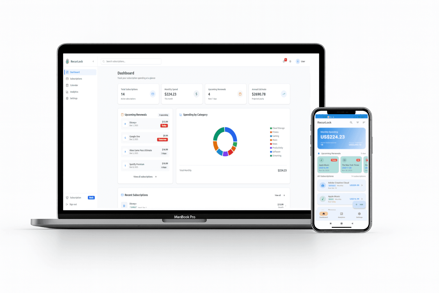 RecurLock dashboard showing subscription tracking, spending analytics, and renewal reminders